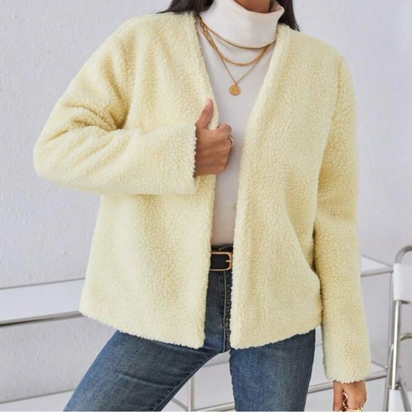 SHEIN Jackets & Blazers - Shein Pale Yellow Open Front Sherpa Long Sleeve Jacket - Size Large
